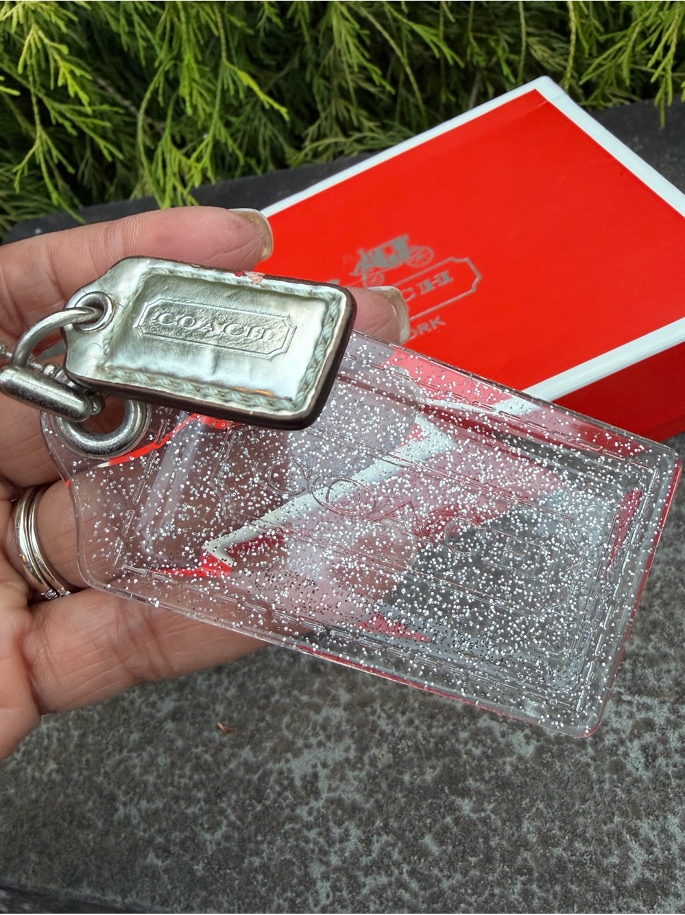 Coach Silver Glitter Clear & Silver Leather Hangtag Bag Charm